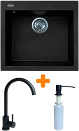 Кухонна мийка Adamant Univer, штучний камінь, квадрат, без крила, 560х500х200мм, чаша  -  1, врізна Black + змішувач та дозатор