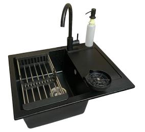 Кухонна мийка Adamant Minimal, штучний камінь, прямокут., з крилом, 615х495х200мм, чаша  -  1, врізна Antracite + змішувач + дозатор + ополіскувач скл