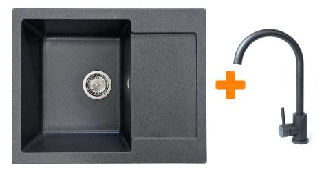 Кухонна мийка Adamant Minimal, штучний камінь, прямокут., з крилом, 615х495х200мм, чаша  -  1, врізна Grafit + змішувач
