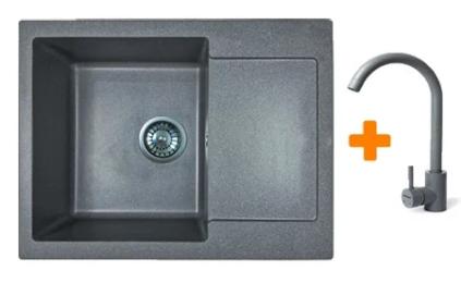 Кухонна мийка Adamant Minimal, штучний камінь, прямокут., з крилом, 615х495х200мм, чаша  -  1, врізна Gray + змішувач
