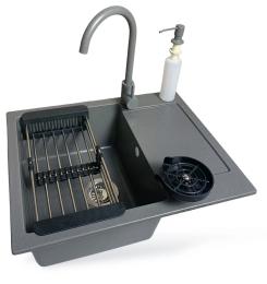 Кухонна мийка Adamant Minimal, штучний камінь, прямокут., з крилом, 615х495х200мм, чаша  -  1, врізна Gray +змішувач +дозатор + ополіскувач склянок +