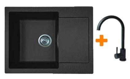 Кухонна мийка Adamant Minimal, штучний камінь, прямокут., з крилом, 615х495х200мм, чаша  -  1, врізна Black + змішувач