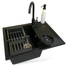 Кухонна мийка Adamant Minimal, штучний камінь, прямокут., з крилом, 615х495х200мм, чаша  -  1, врізна Black +змішувач +дозатор + ополіскувач склянок +