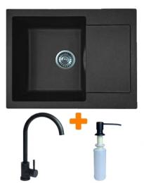 Кухонна мийка Adamant Minimal, штучний камінь, прямокут., з крилом, 615х495х200мм, чаша  -  1, врізна Black + змішувач та дозатор
