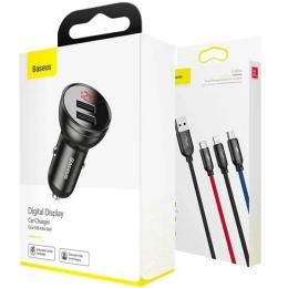 Автомобільний зарядний пристрій для телефона Baseus TZCCBX-0G Gray (Digital + USB кабель 3 в 1 4.8 A 2 USB )
