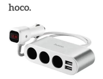 Автомобільний адаптер для телефона Hoco Z13 Silver White (LCD + 2USB розгалужувач )
