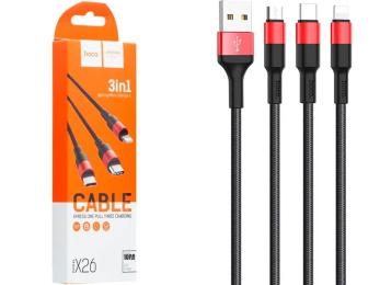 Дата-кабель Hoco Xpress X26 1m USB(тато) - Lightning/microUSB/USB Type C(тато) Black Red