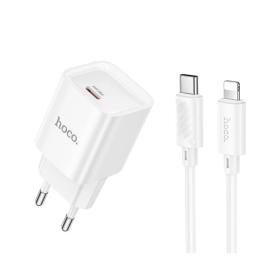 Мережевий зарядний пристрій для телефона Hoco C146A Charm single port PD20W charger set (C to iP) (EU) White