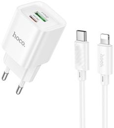 Мережевий зарядний пристрій для телефона Hoco C147A Charm PD20W + QC3.0 charger set (C to C) (EU) White