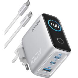 Мережевий зарядний пристрій для телефона Anker B121BG41 Silver GaN Charger 100W, 2xUSB-C PD &amp; 1xUSB-A w Display and Cable