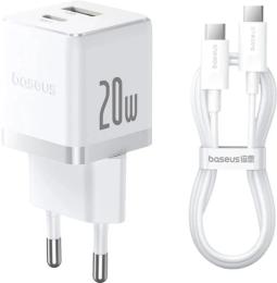 Мережевий зарядний пристрій для телефона Baseus Palm Fast Charger 20W (Type-C + USB) 20W White 20W, кабель Type-C to Type-C