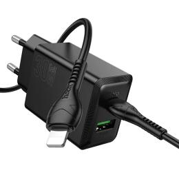 Мережевий зарядний пристрій для телефона Hoco N71 Nuevo PD30W + QC3.0 (1USB-A/1C) Black + кабель Type-C to Lightning