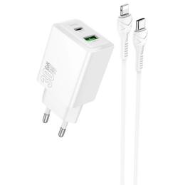 Мережевий зарядний пристрій для телефона Hoco N71 Nuevo PD30W + QC3.0 (1USB-A/1C) White + кабель Type-C to Lightning