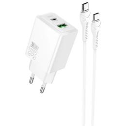 Мережевий зарядний пристрій для телефона Hoco N71 Nuevo PD30W + QC3.0 (1USB-A/1C) White + кабель Type-C to Type-C