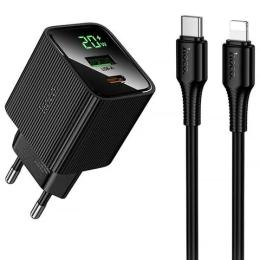 Мережевий зарядний пристрій для телефона Hoco CS83A Excellent with digital display PD20W + QC3.0 (1USB-A/1C) Black + кабель Type-C to Lightning