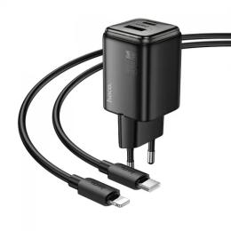 Мережевий зарядний пристрій для телефона Hoco N53 Monsoon PD30W + QC3.0 (1USB-A/1C) Black + кабель Type-C to Lightning