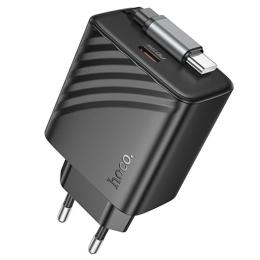 Мережевий зарядний пристрій для телефона Hoco N57 Full PD20W with retractable cable Type-C (2USB-C) Black with retractable cable Type-C (2USB-C)