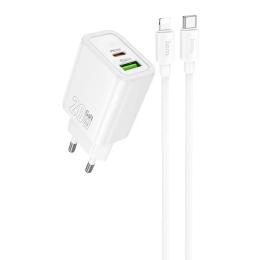 Мережевий зарядний пристрій для телефона Hoco N61 Gentle PD20W + QC3.0 (1USB-A/1C) White + кабель Type-C to Lightning