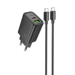 Мережевий зарядний пристрій для телефона Hoco N61 Gentle PD20W + QC3.0 (1USB-A/1C) Black + кабель Type-C to Type-C