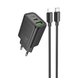 Мережевий зарядний пристрій для телефона Hoco N63 Gentle PD30W + QC3.0 (1USB-A/1C) Black + кабель Type-C to Lightning