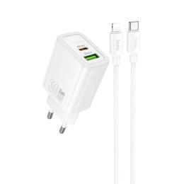 Мережевий зарядний пристрій для телефона Hoco N63 Gentle PD30W + QC3.0 (1USB-A/1C) White + кабель Type-C to Lightning