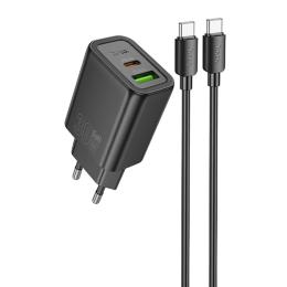 Мережевий зарядний пристрій для телефона Hoco N63 Gentle PD30W + QC3.0 (1USB-A/1C) Black + кабель Type-C to Type-C