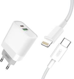 Мережевий зарядний пристрій для телефона XO L64 White + кабель Type-C to Lightning