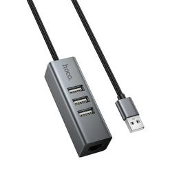 USB-хаб Hoco HB1D 4-in-1 converter (USB to USB2.0 * 3 + RJ45) Metal Gray