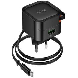 Мережевий зарядний пристрій для телефона Hoco C154A Changer With Retractable Cable Type-C PD20W + QC3.0 (1USB-C) Black