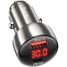 Автомобільний адаптер для телефона Hoco Z50 Leader 48W dual-port PD30W + QC3.0 car charger with digital display Metal Gray