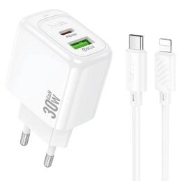 Мережевий зарядний пристрій для телефона Hoco CS55A Surplus PD30W + QC3.0 (1USB-A/1C) + кабель Type-C to Lightning White