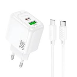 Мережевий зарядний пристрій для телефона Hoco CS55A Surplus PD30W + QC3.0 (1USB-A/1C) + кабель Type-C to Type-C White