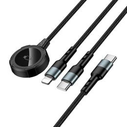 Бездротовий зарядний пристрій для смарт-годинника Hoco CW64 iWatch + Type-C + iP 3-in-1 charging cable Black