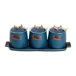 Ємність для сипучих продуктів YiWu HP-15-32 Blue набір 3х400 мл, порцелянова підставка