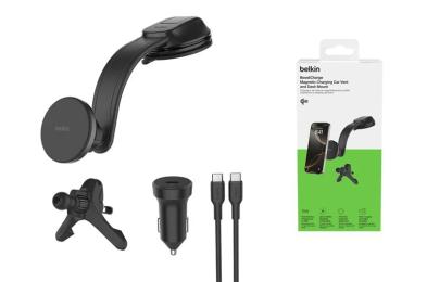 Тримач в авто Belkin Qi2 з бездротовою зарядкою (дефлектор/панель) + USB-C 27Вт Black (WIC012HQBK)