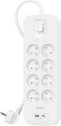 Мережевий фільтр Belkin 2м, 8хТипE, 16А, USB-A/USB-C 18Вт White (SRB003CA2M)