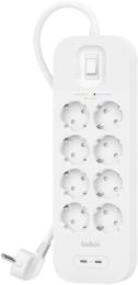 Мережевий фільтр Belkin 2м, 8хТипF, 16А, USB-С/USB-C 30Вт White (SRB004VF2M-V2)
