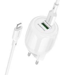 Мережевий зарядний пристрій для телефона Borofone BA94A Lustrous PD30W + QC3.0 (1USB-A/1C) + кабель Type-C to Lightning White