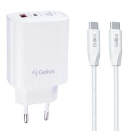 Мережевий зарядний пристрій для телефона Gelius Stratus GP-HC068 45W (1Type-C + 1USB-A) + One Type-C to Type-C (00000102183) White