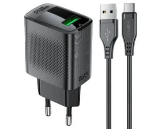 Мережевий зарядний пристрій для телефона Acefast A90 QC18W GaN (USB-A) Cable USB to Type-C 1, 2m Black (6974316280064)