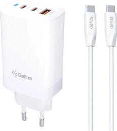 Мережевий зарядний пристрій для телефона Gelius Elevaro GP-HC065 65W USB + 2Type-C (QC/PD/PPS) + кабель Gelius One Type-C to Type-C White (00000101369