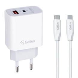 Мережевий зарядний пристрій для телефона Gelius Merge GP-HC060 GAN USB + Type-C 35W (QC/PD/PPS) + кабель Gelius One GP-UCN012 Type-C to Type-C 1m Whit