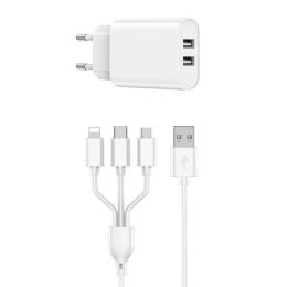 Мережевий зарядний пристрій для телефона WIWU Wi-U003 Dual USB Charger + 3 in 1 Cable EU Plug White