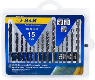 Набір свердел S&amp;R Meister для металу, бетону, дерева 3, 4, 5, 6, 8 мм 15 шт. (216301015)