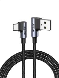 Дата-кабель Ugreen US176 Angled USB 2.0 (тато) - Angled USB Type-C (тато) 3m Black Nickel Plating Aluminum Shell 3A (70875)