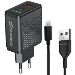 Мережевий зарядний пристрій для телефона Grand-X CH-650L (QC3.0 18W + Lightning cable)