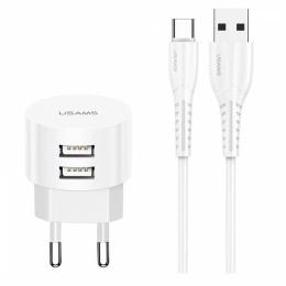 Мережевий зарядний пристрій для телефона USAMS T20 White (Dual USB Round Travel Charger (EU)+U35 Type-C cable (00000036180_1) )