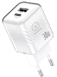 Адаптер живлення для телефона WUW C228 White 30W Gan (USB C + USB A)