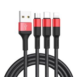 Дата-кабель Hoco X26 Xpress one pull three charging cable USB (тато)  -  Lightning + Micro + Type-C (тато) Black Red (6957531080282)