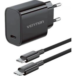 Мережевий зарядний пристрій для телефона Vention 1xUSB-C 30W + USB-C cable М-М Black